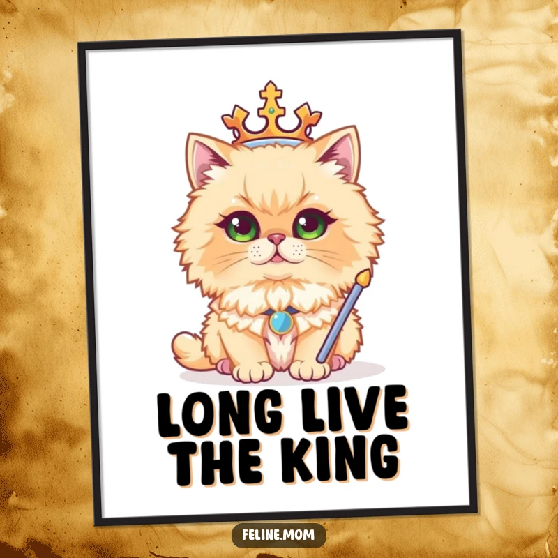 Funny poster of a regal Persian cat wearing a crown and holding a sceptre, adding a humorous and majestic touch to wall art.