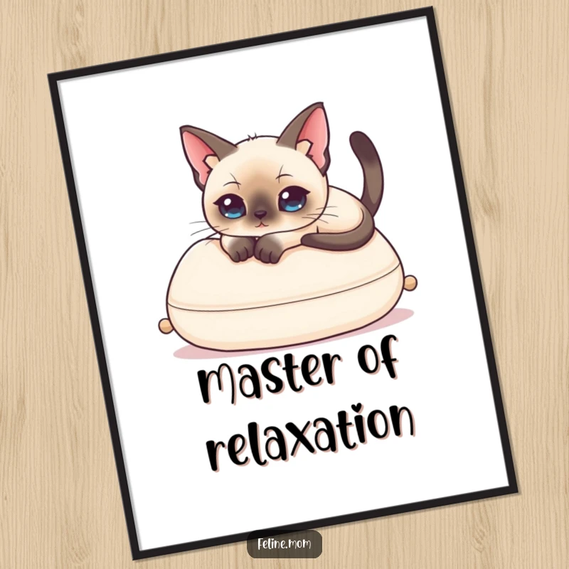 Funny Siamese Cat Poster displaying an elegant cat luxuriously draped over a cushion, a humorous piece of wall art.
