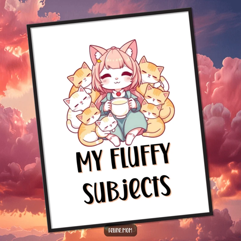 Funny poster of a cat lady holding a saucer of milk, peacefully surrounded by adorable sleeping cats.