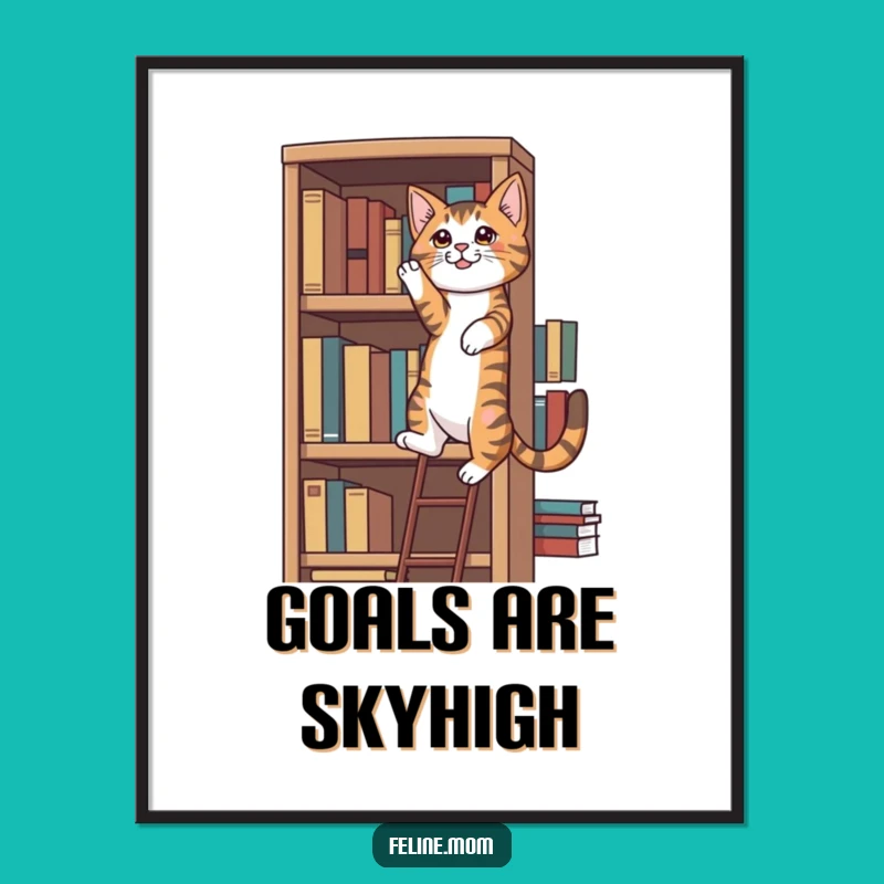 Funny Tabby Cat Art Print: Determined Bookshelf Climber Poster
