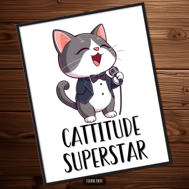 Funny Poster: A dapper tuxedo cat wearing a tiny microphone, captured mid-song with passion.