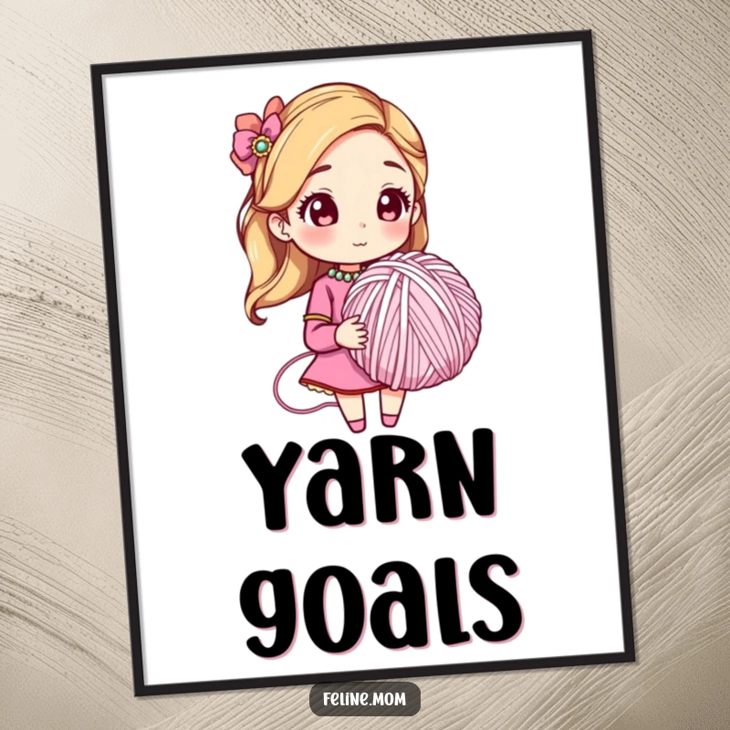 Funny poster of a woman in a jeweled collar holding a huge ball of yarn, exuding playful charm. Hilarious art.