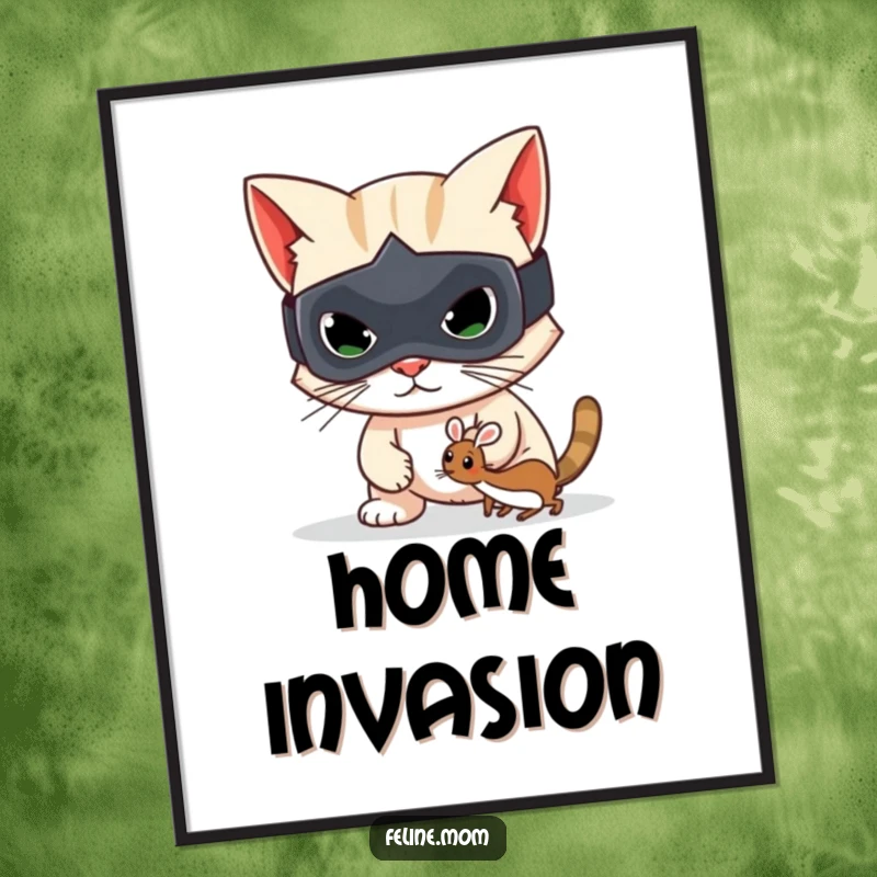 Funny poster print of a mischievous cat bandit in a mask, sneaking with a toy mouse, ideal funny gift.