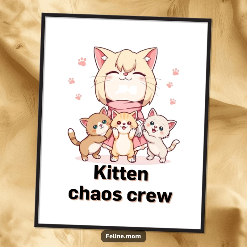 Funny Kawaii cat lady poster art of a cute character juggling three playful kittens, radiating pure, adorable cat-lover energy.