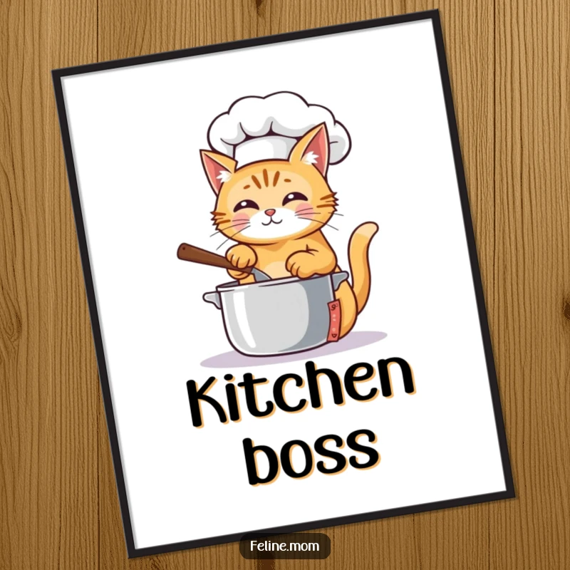 Funny Poster of a ginger cat donning a chef hat, stirring a pot, bringing a humorous culinary vibe to any room.
