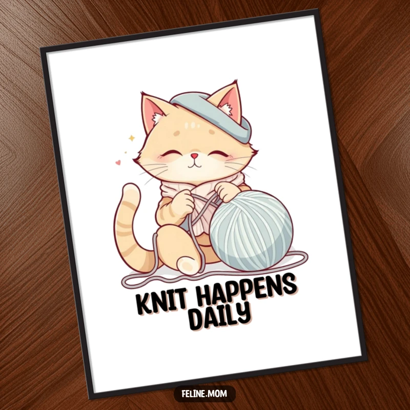 Funny cat lady art print showing her happily knitting a giant ball of yarn, capturing the essence of crafting and feline love.