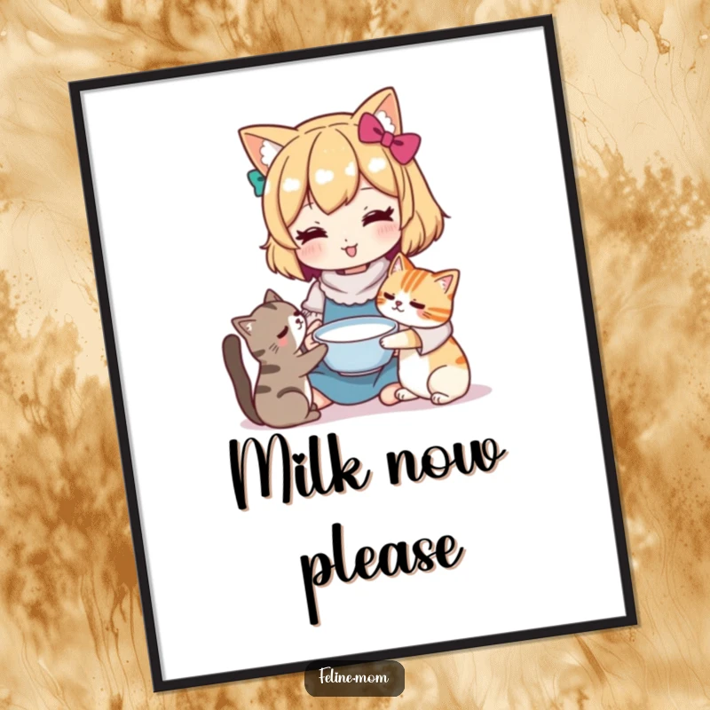 Funny Kawaii cat lady character offering a bowl of milk to a cat, presented as wall art. A charming depiction of care.