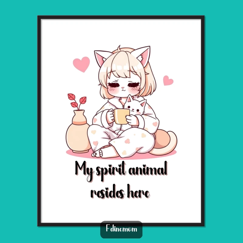 Funny Cat Lady Art Print: Cozy Pajamas & Tea with Cat, Whimsical Wall Decor Gift