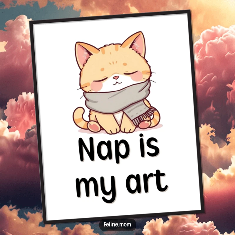 Funny poster art of a contented cat wearing a small scarf, caught in a peaceful nap. This design brings cozy humor to any wall.