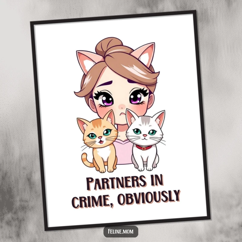Funny poster illustration of a woman's knowing smirk and a mischievous cat, conveying playful conspiracy and humor for amusing wall decor.