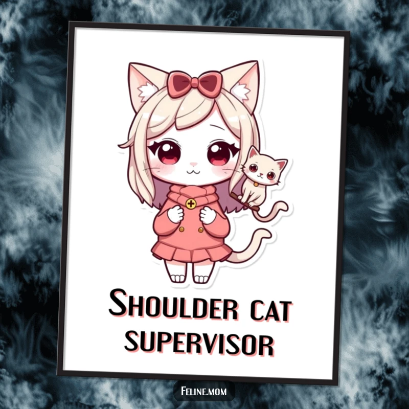 Funny Kawaii Cat Lady Poster displaying a cute character with a cat resting on her shoulder, celebrating the human-animal bond.