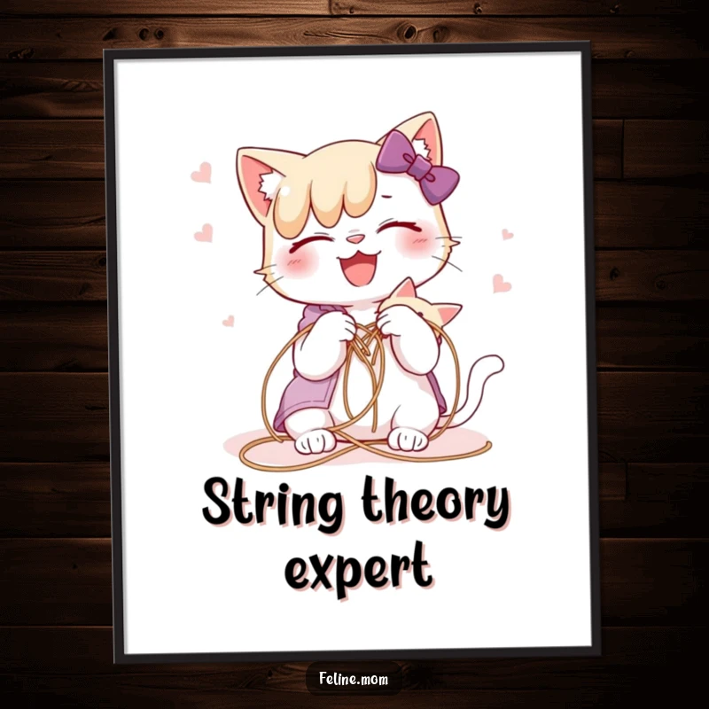 Funny cat lady joyfully untangling a cat from a string, depicted in humorous wall art.