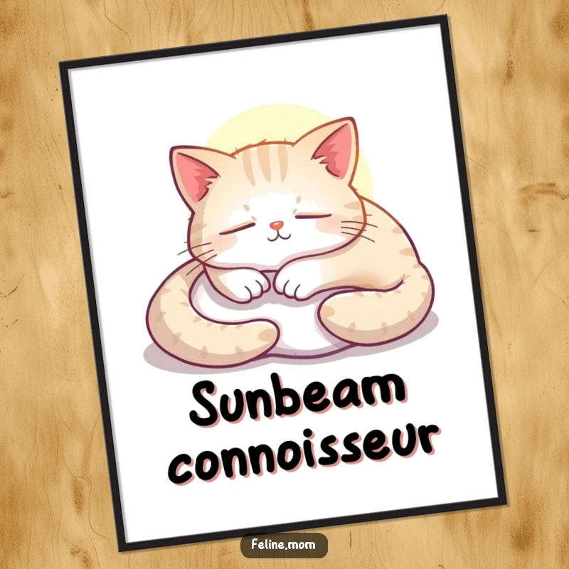 Funny cat poster art, a contented feline peacefully napping in a bright, warm sunbeam.