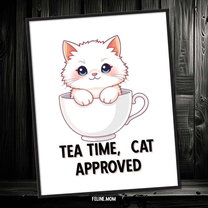 Funny Fluffy Cat Teacup Poster: A fluffy white cat comfortably sits within a large teacup, creating whimsical and endearing wall art.