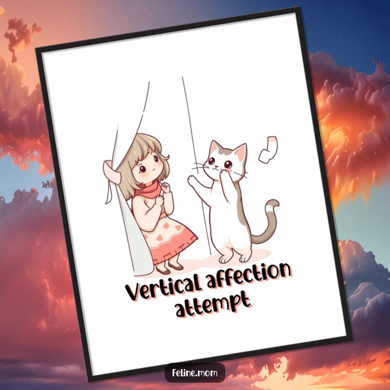 Funny illustration of a cat lady reaching for a cat climbing a curtain, presented as wall art.