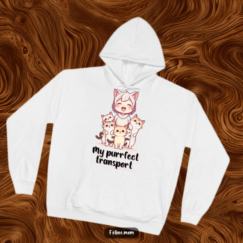 Funny cat lady character being carried by several cats on a cozy hoodie, depicting a humorous and heartwarming scene of feline appreciation.