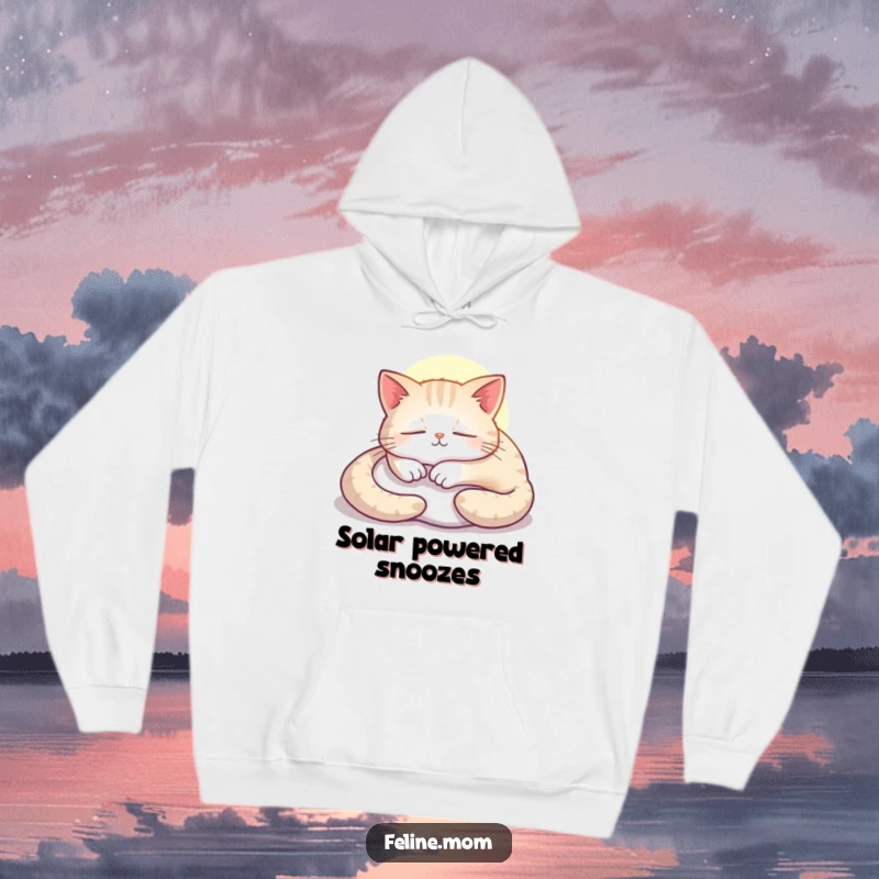 Funny cat hoodie with a contented feline napping peacefully in a warm sunbeam.