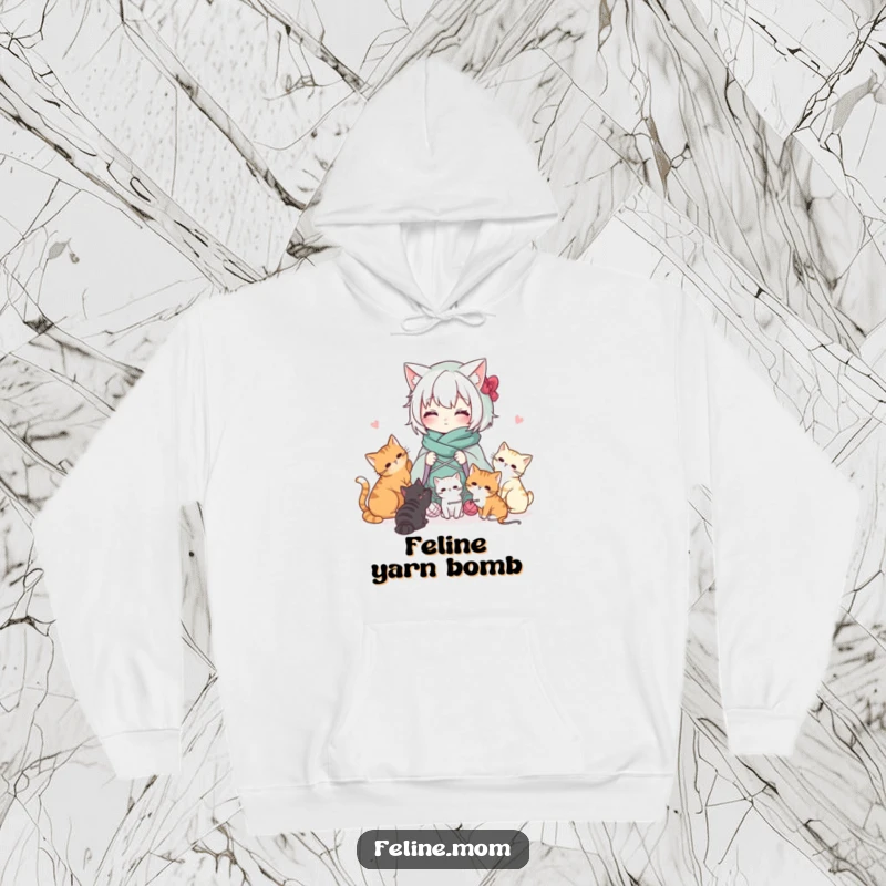 Funny Kawaii cat lady character wrapped in yarn with playful cats, wearing a cozy hoodie. Ultimate comfort and creative chaos.