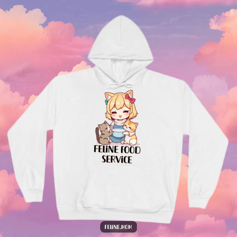 Funny Kawaii cat lady character in a cozy hoodie, offering a bowl of milk to a cat. Warmth and kindness combined.