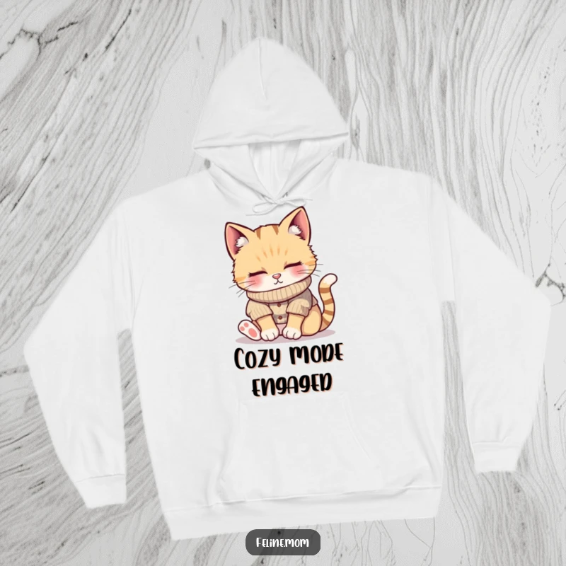 Funny hoodie featuring a cat in a warm knitted sweater, peacefully napping in a sunbeam, offering maximum coziness and charm, ideal for gifting.
