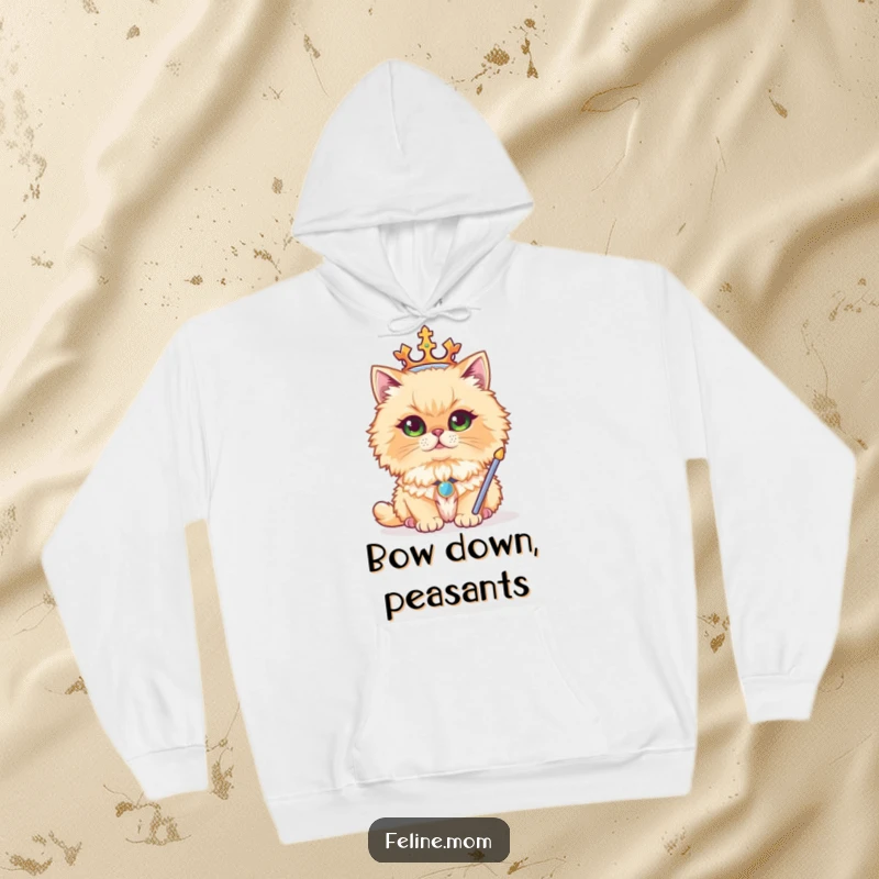 Funny hoodie showcasing a regal Persian cat adorned with a crown and sceptre, offering warmth and a touch of regal humor.