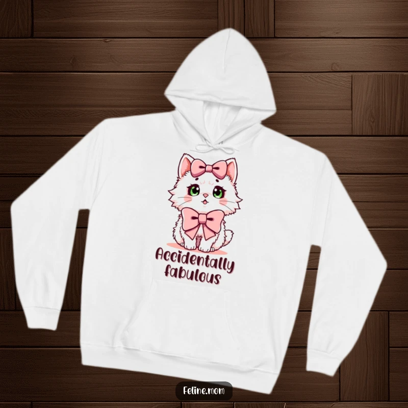 Funny hoodie showing a fluffy cat with a shocked expression wearing a giant bow, excellent funny gift.