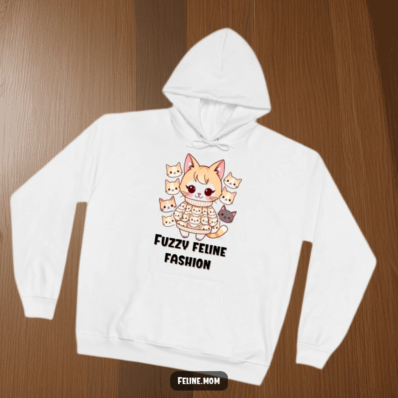 Funny Kawaii cat lady character, dressed in a warm hoodie with a sweater pattern of many feline faces, radiating cozy vibes. A warm hug.