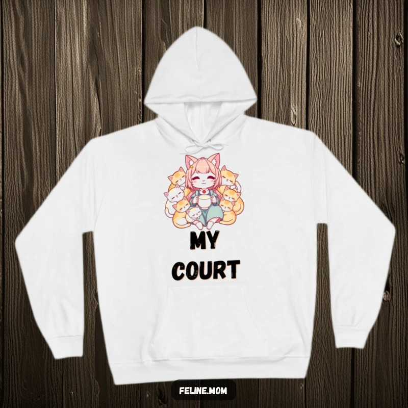 Funny hoodie depicting a tranquil cat lady offering milk to her adorably sleeping cats, perfect for relaxation.