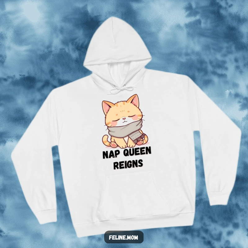 Funny and warm hoodie adorned with a napping cat wearing a small, cozy scarf. Experience ultimate comfort and humor with this design.