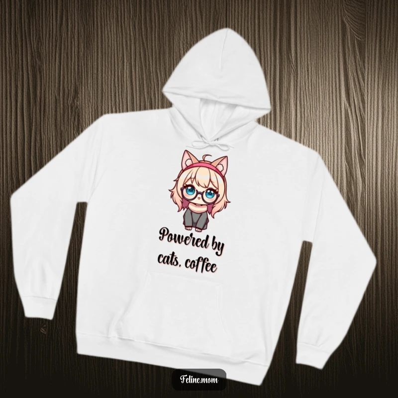 Funny Kawaii Cat Lady Hoodie depicting a charming character wearing cat ears and glasses, offering warmth and witty style.