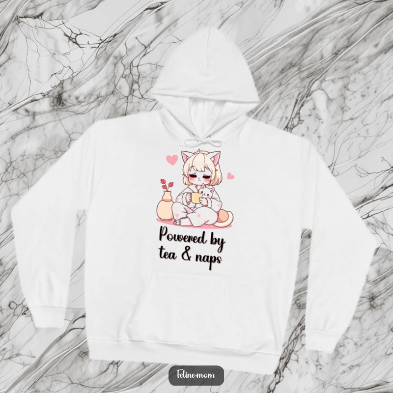 Funny cat lady wearing pajamas, sipping tea with her cat, a warm and humorous hoodie design for ultimate comfort.