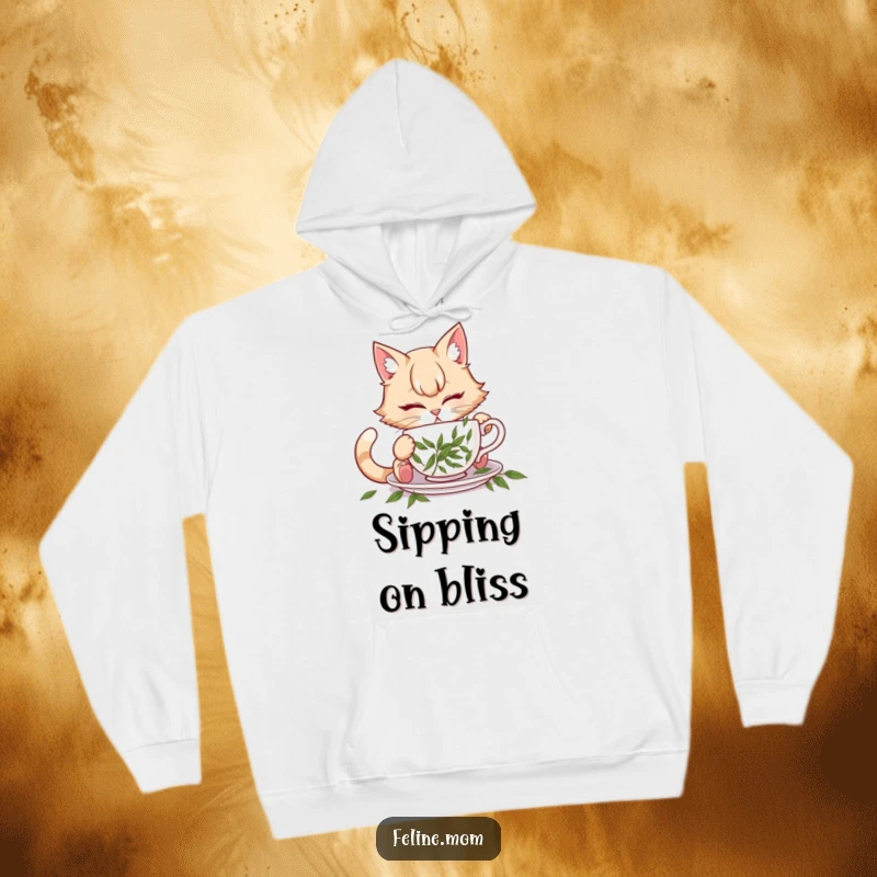 Funny illustration of a cat lady attempting to drink from a teacup filled with catnip, on a hoodie.