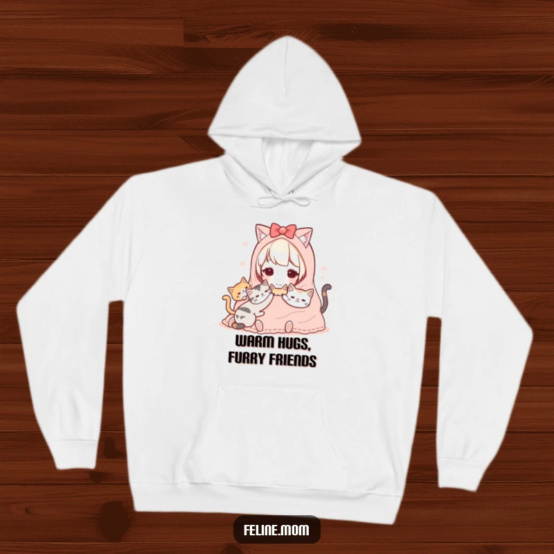 Funny Kawaii Cat Lady Hoodie featuring a cute character snuggled under a blanket with cats, offering supreme comfort and warmth.