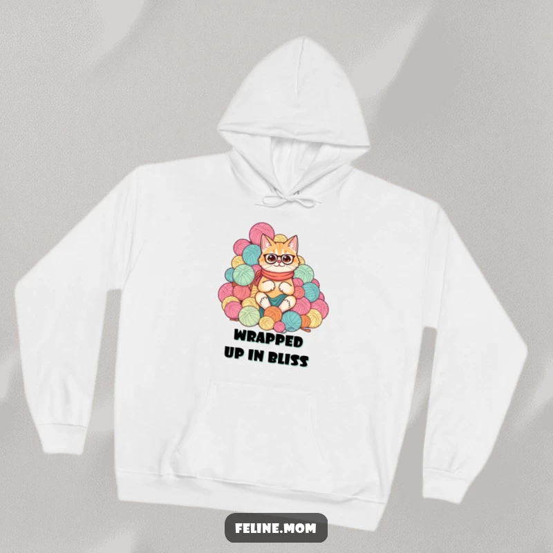 Funny cat lady surrounded by an overwhelming, comical mountain of yarn balls on a comfortable hoodie.