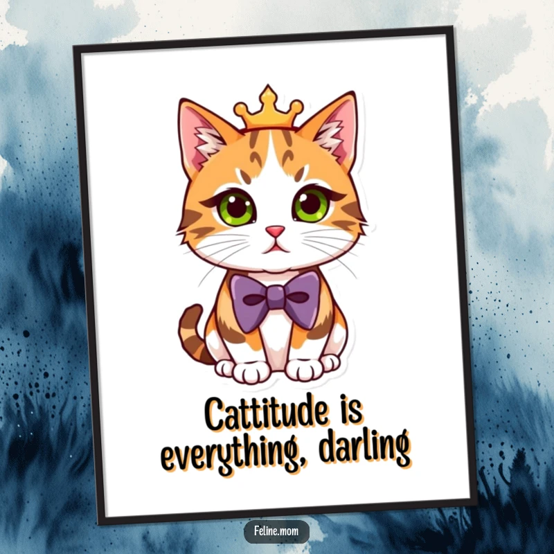 Funny Free Printable Wall Art: A majestic calico cat in a bowtie, striking a regal pose for your home.