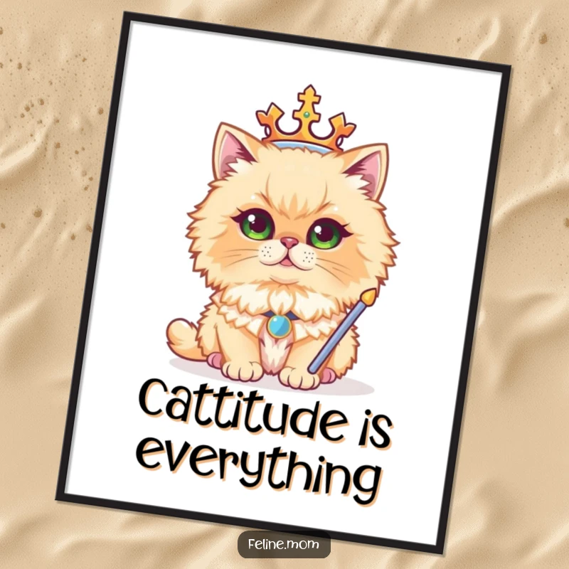 Funny Free Printable Wall Art: A majestic Persian cat sits regally, wearing a tiny crown and holding a scepter, adding humorous, downloadable charm.