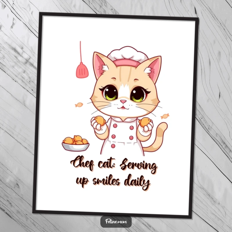 Funny free printable wall art: Whimsical cat lady in chef hat serves tiny fish treats with a proud smile.
