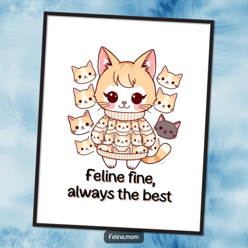 Funny Free Printable Wall Art: Kawaii cat lady with a sweater covered in cat faces, radiating cozy vibes.