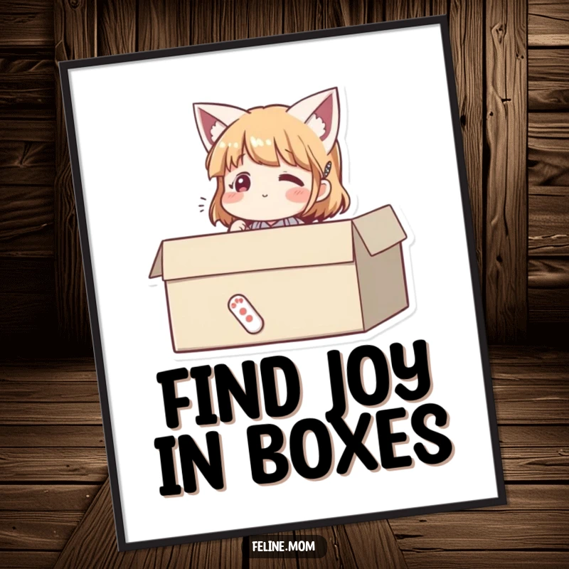 Funny free printable wall art: woman sitting blissfully in a cardboard box, exuding pure contentment and a happy purr.
