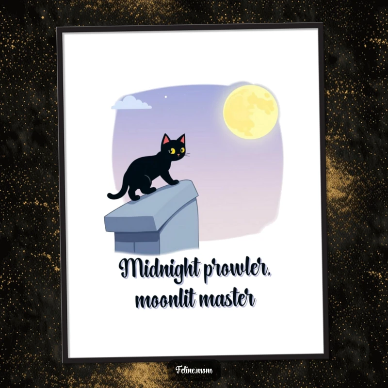 Funny Free Printable Black Cat Wall Art showing a stealthy black cat tiptoeing across a moonlit rooftop under a starry sky.