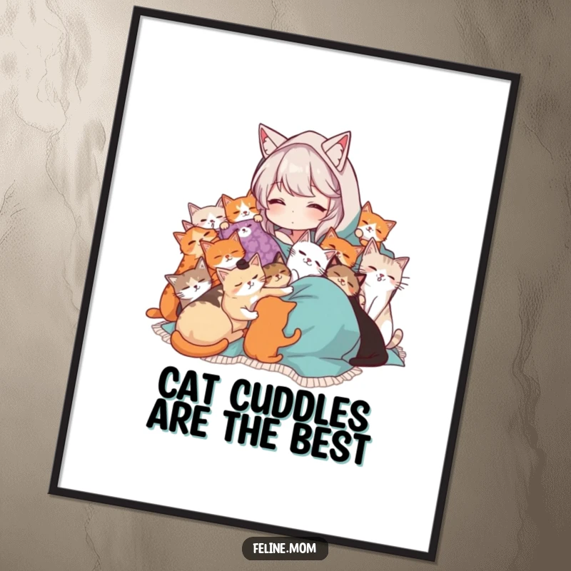 Funny Free Printable Wall Art: A cat lady is peacefully draped in a blanket, being blissfully cuddled by an abundance of cats.