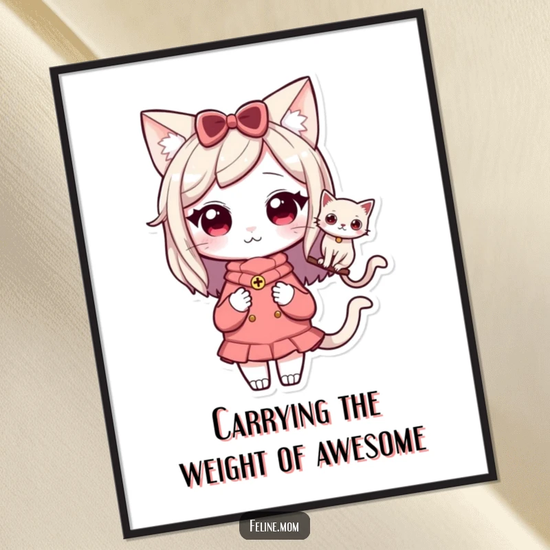 Funny free printable wall art of a Kawaii cat lady with a content cat perched on her shoulder, radiating friendship and love.