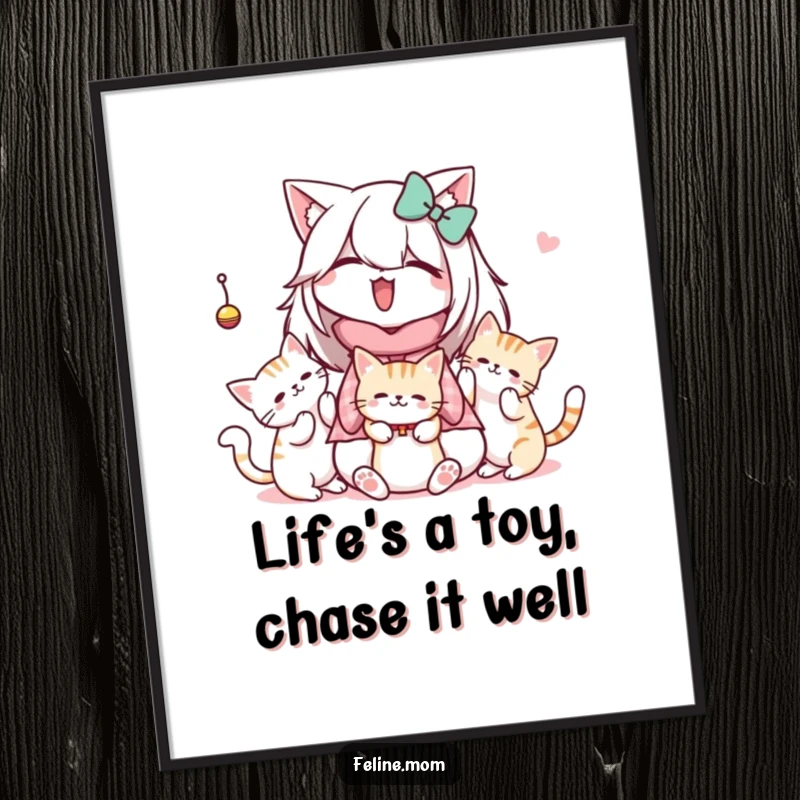 Funny free printable wall art depicting a Kawaii cat lady with cats enthusiastically batting at a dangling toy, full of motion.