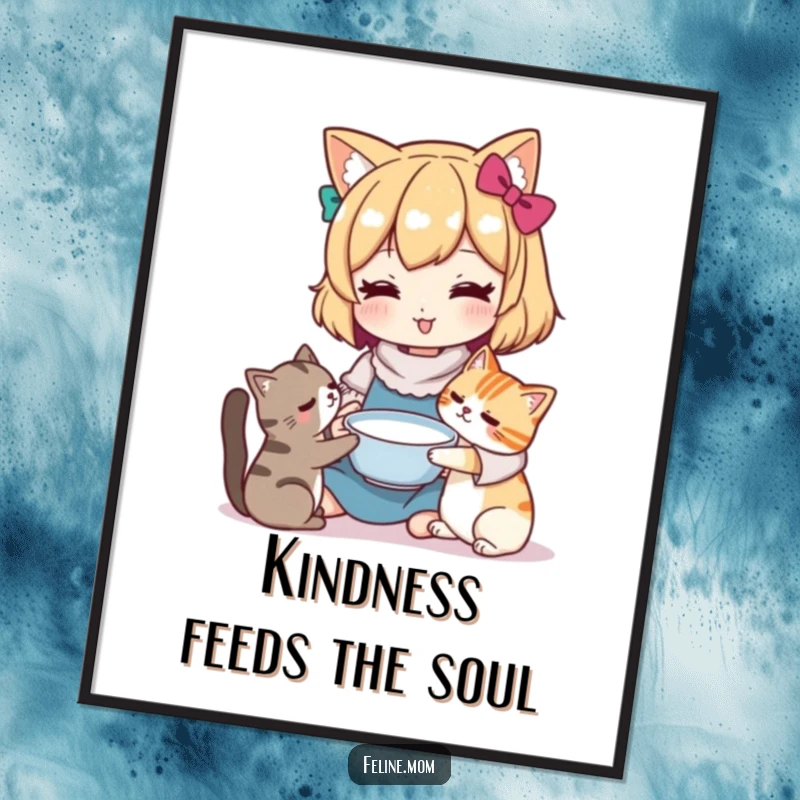 Funny Free Printable Wall Art: Kawaii cat lady kindly offering a bowl of milk to an eager cat.