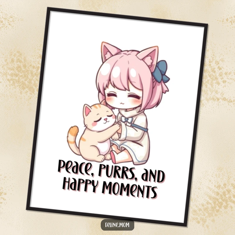 Funny Free Printable Wall Art: Kawaii cat lady gently petting a content purring cat, creating a serene atmosphere.