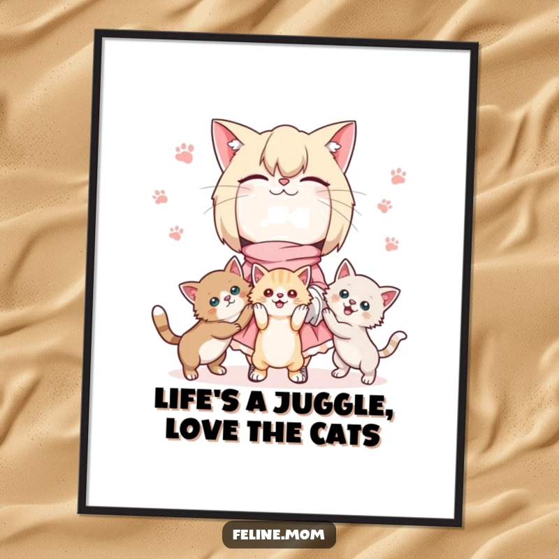 Funny Free Printable Wall Art: Kawaii cat lady character skillfully juggling three energetic and playful kittens.