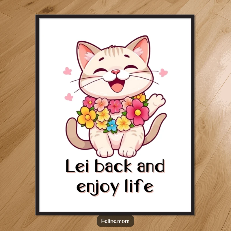 Funny Free Printable Party Cat Wall Art: Happy cat in a vibrant lei swaying rhythmically, a joyful piece.