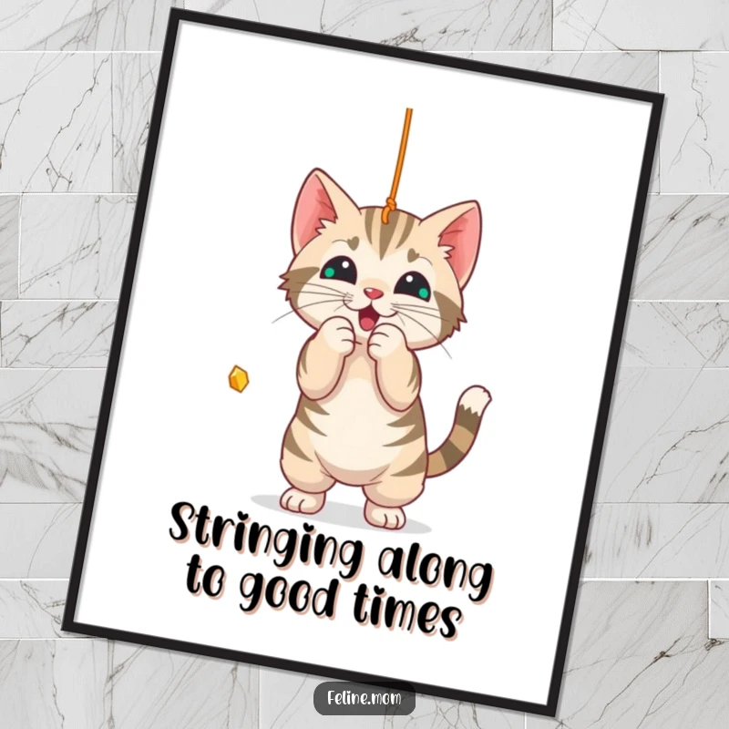 Funny Free Printable Wall Art: A tabby cat intensely plays, batting at a dangling string with playful focus.