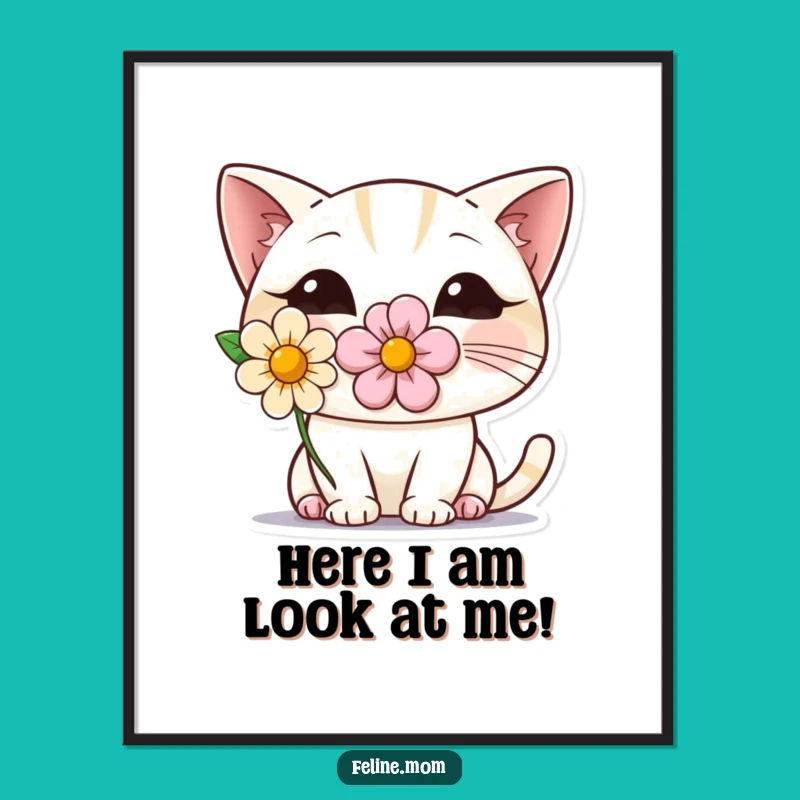 Free Printable Shy Cat Wall Art: Funny Cat Flower Downloadable Decor