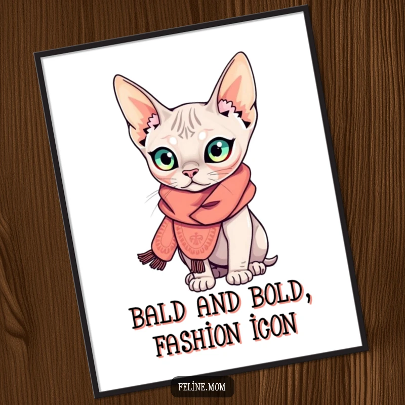 Funny Free Printable Sphynx Cat Wall Art of a curious Sphynx cat wearing a tiny, elaborate scarf, looking incredibly stylish.